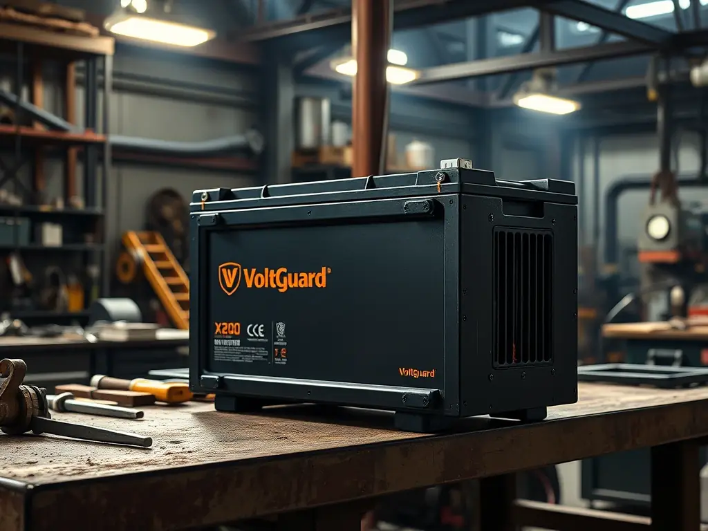 A VoltGuard Heavy-Duty Truck Battery X200 is displayed in a workshop setting, emphasizing its rugged design and industrial application. Tools and machinery are visible in the background, highlighting its use in demanding environments.