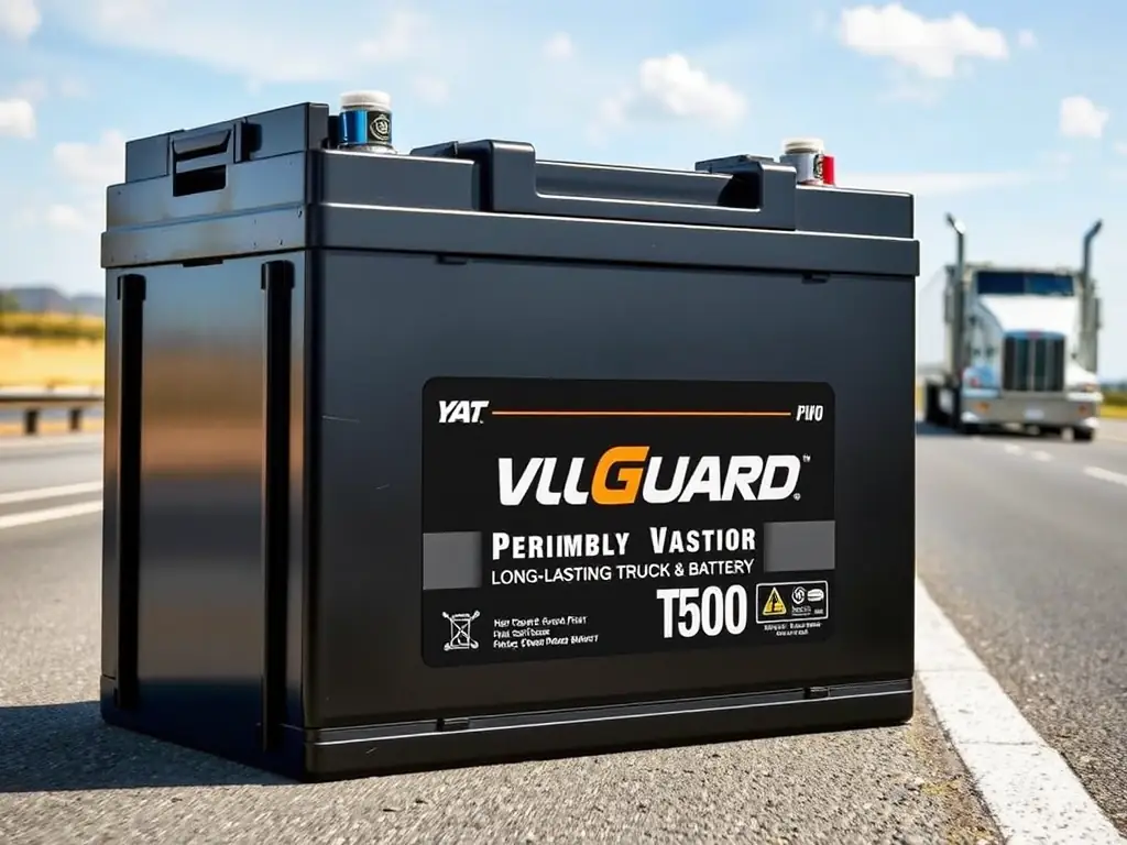 A VoltGuard Long-Lasting Truck Battery T500 is shown with a focus on its sleek, industrial design, highlighting its durability and longevity. The background suggests a long-haul trucking environment.