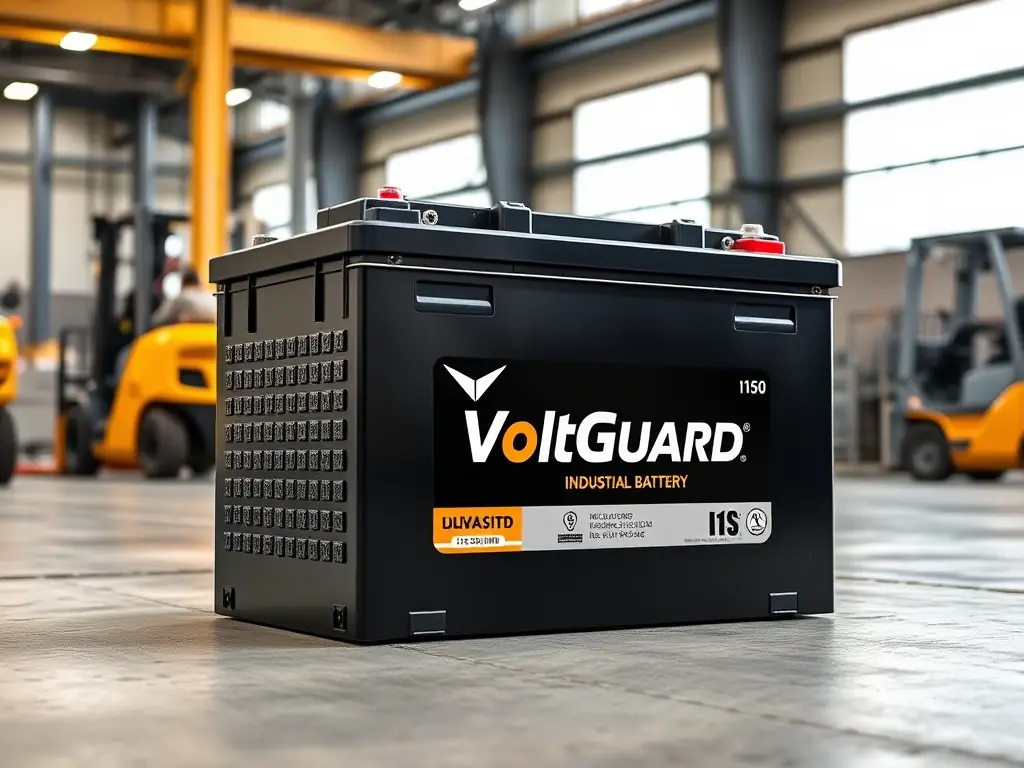 A VoltGuard Industrial Truck Battery I150 is presented in an industrial setting, showcasing its rugged construction and suitability for heavy-duty applications such as forklifts and construction vehicles.
